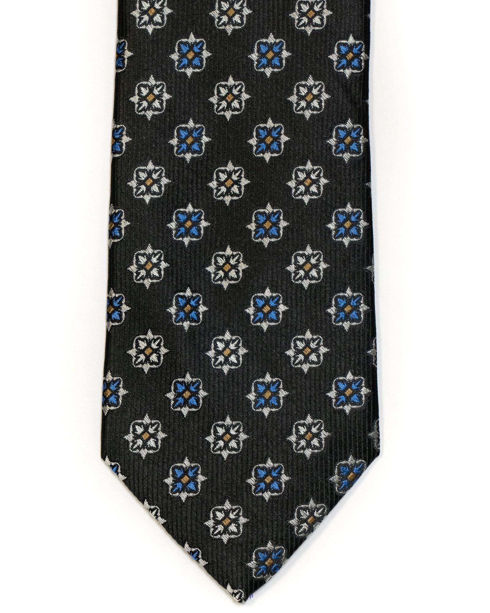 Silk Tie In Black With Blue & Champagne Foulard Design - Rainwater's Men's Clothing and Tuxedo Rental