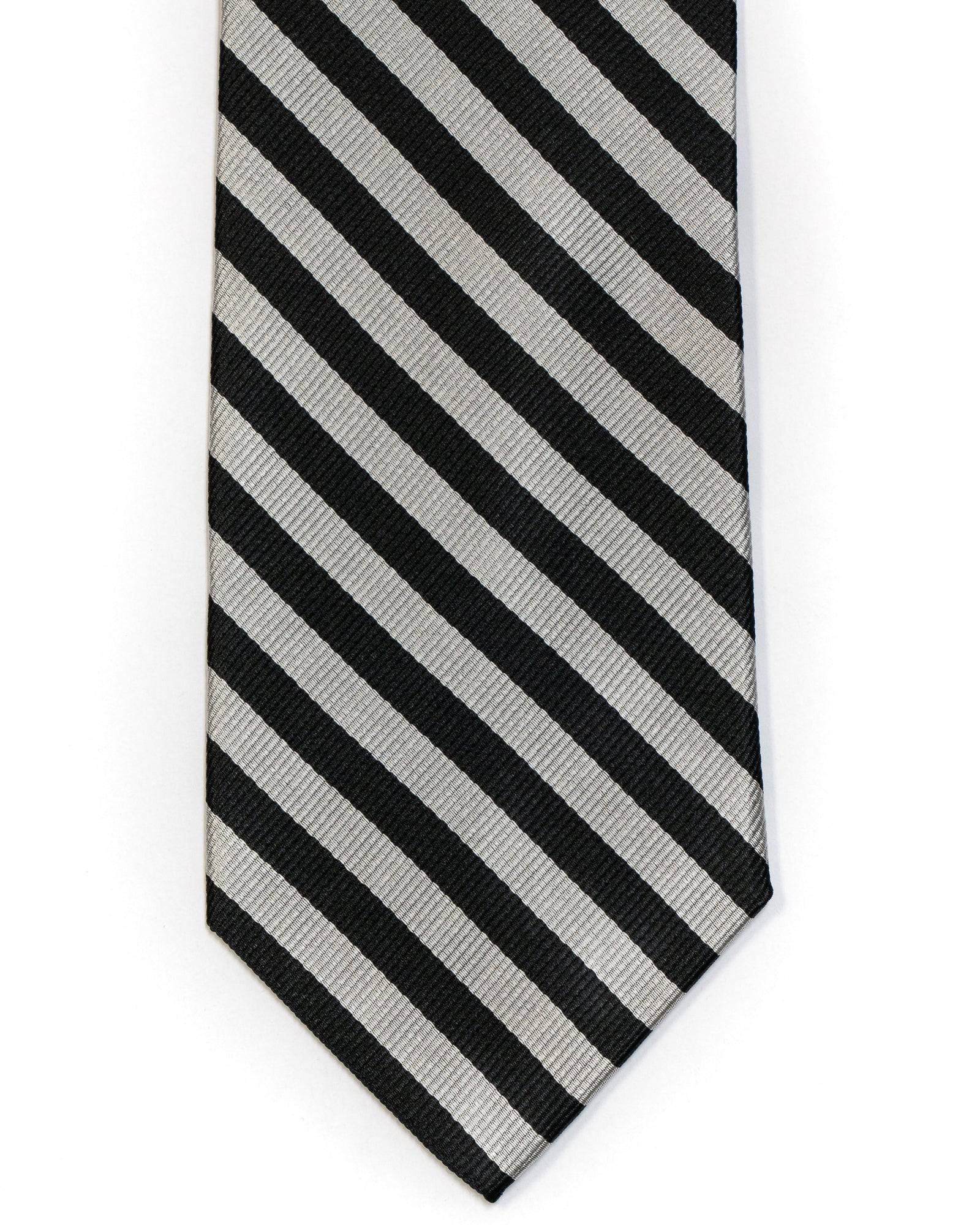 Silk Tie In Silver With Black Small Bar Stripe - Rainwater's Men's Clothing and Tuxedo Rental
