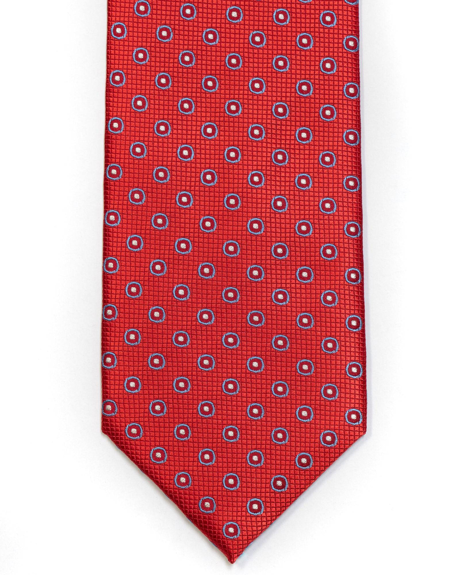 Silk Tie In Red With Blue Circle Foulard Design - Rainwater's Men's Clothing and Tuxedo Rental