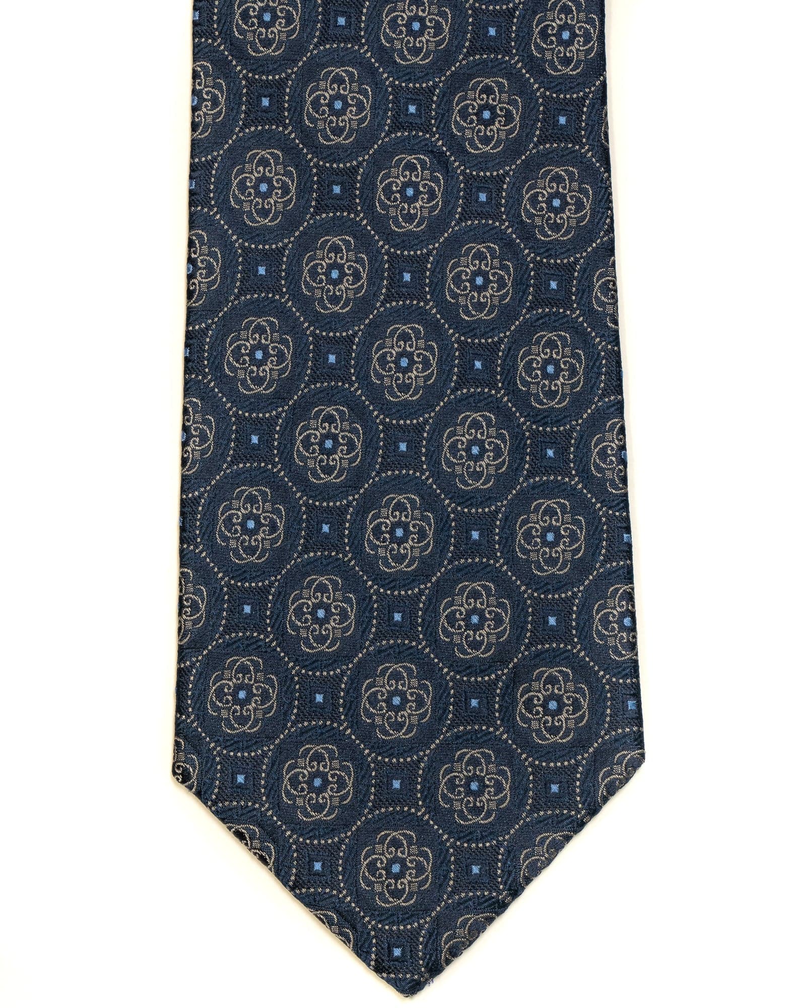 Silk Tie In Navy With Blue Medallion Circle Foulard Design - Rainwater's Men's Clothing and Tuxedo Rental