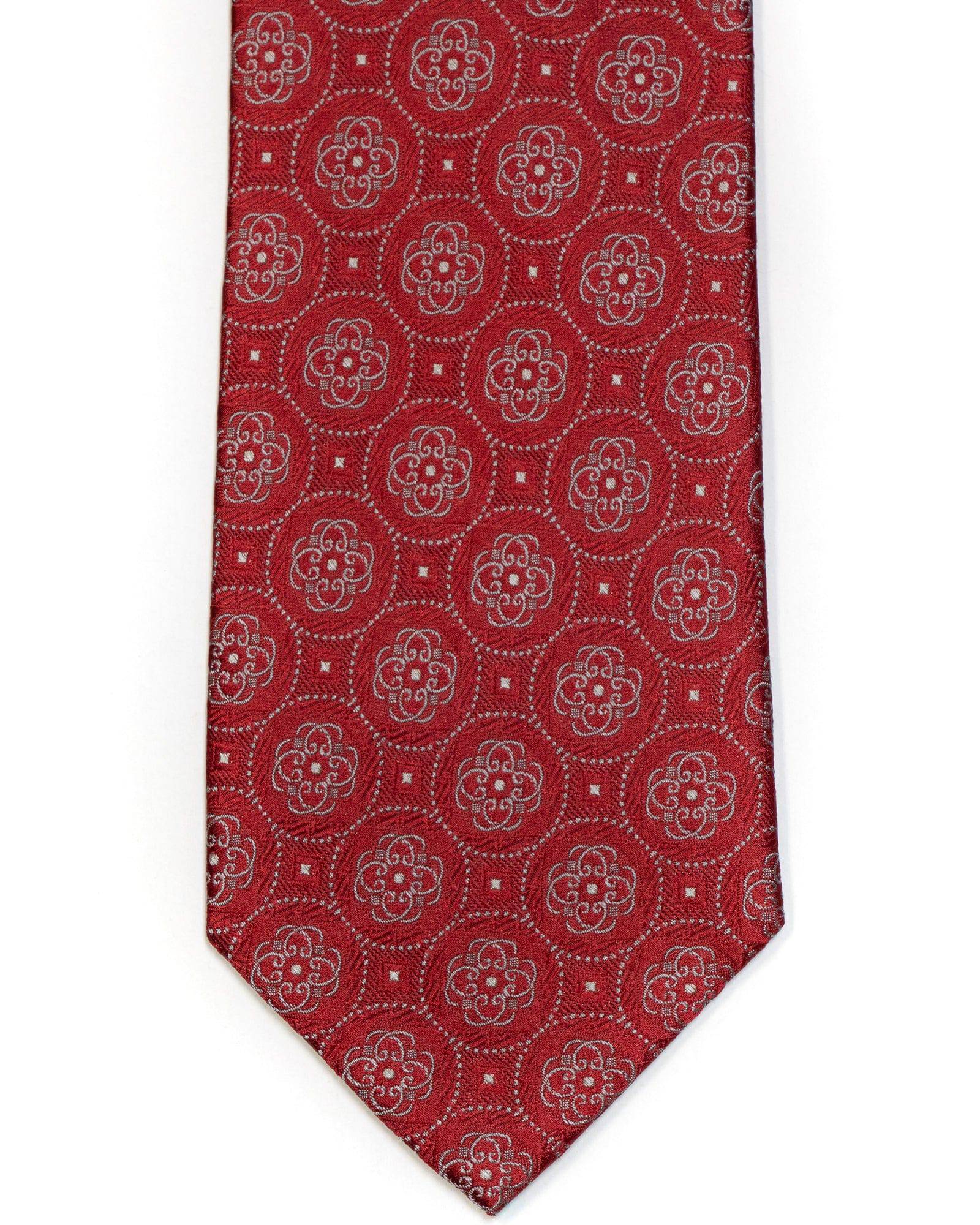 Silk Tie In Deep Red With Blue Medallion Circle Foulard Design - Rainwater's Men's Clothing and Tuxedo Rental
