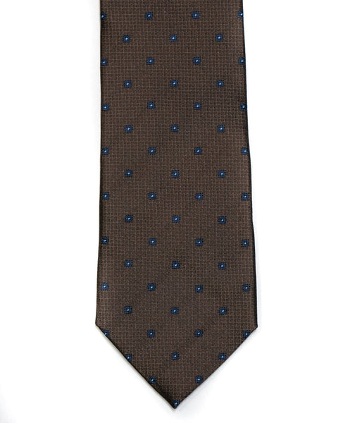 Silk Tie In Dark Brown With Navy Foulard Design - Rainwater's Men's Clothing and Tuxedo Rental