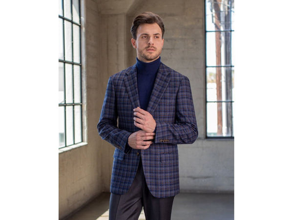 -Rainwater's -Rainwater's Luxury Collection - Sport Coats & Blazers - E Thomas, Italian Wool Fabric In Blue, Grey & Brown Check Sport Coat -