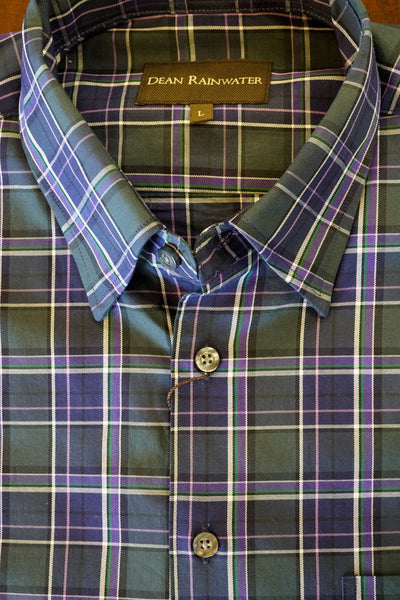 Green, Navy with Purple Plaid Cotton Hidden Button-down by Dean Rainwater - Rainwater's Men's Clothing and Tuxedo Rental