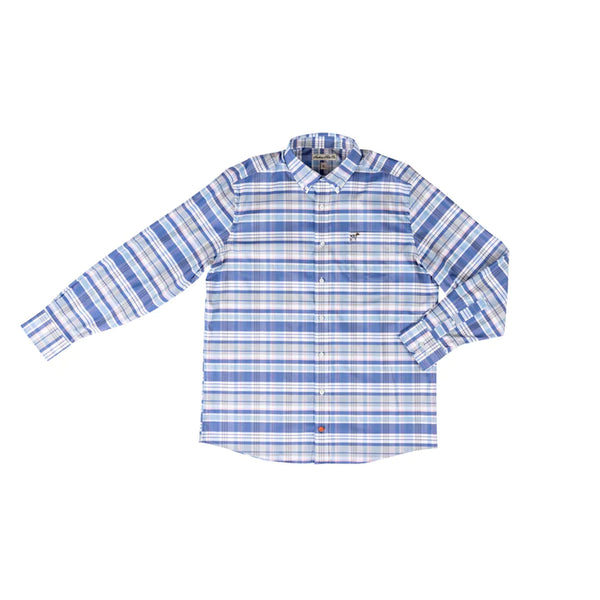 Southern Point Hadley Stretch Button Down Tucker Light Blue & Grey Plaid