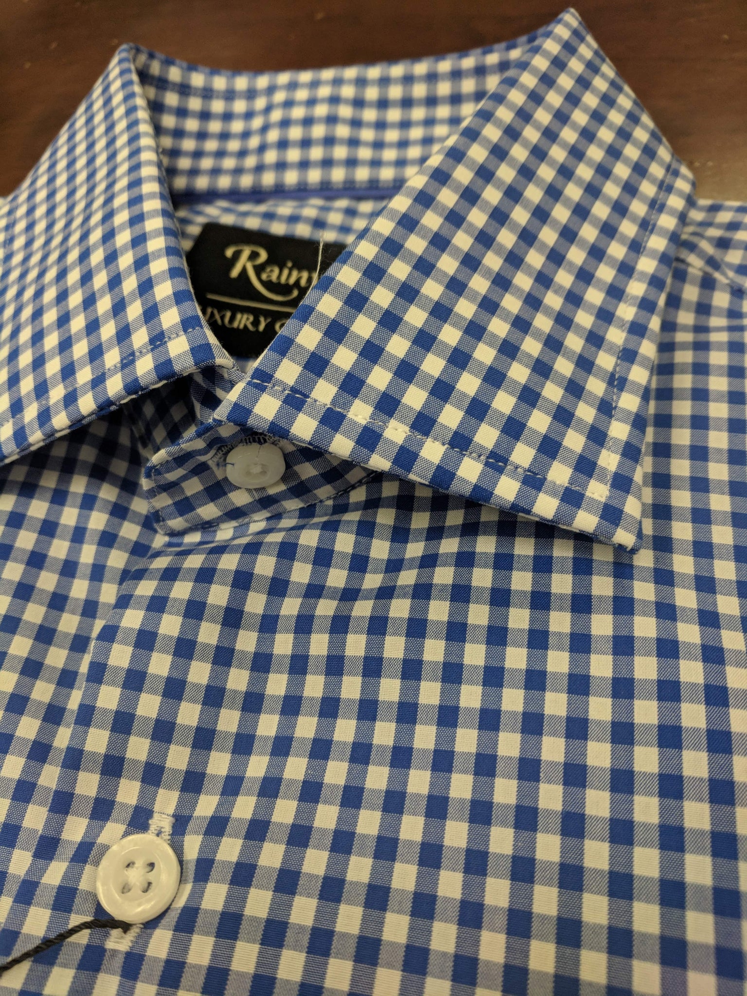 Rainwater's Blue Gingham 80's 100% Cotton Non-Iron Dress Shirt - Rainwater's Men's Clothing and Tuxedo Rental