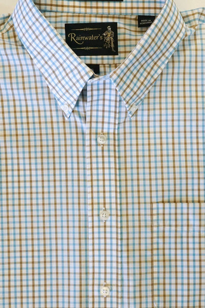 Khaki and Teal Check Wrinkle Free Button Down Sport Shirt by Rainwater's - Rainwater's Men's Clothing and Tuxedo Rental