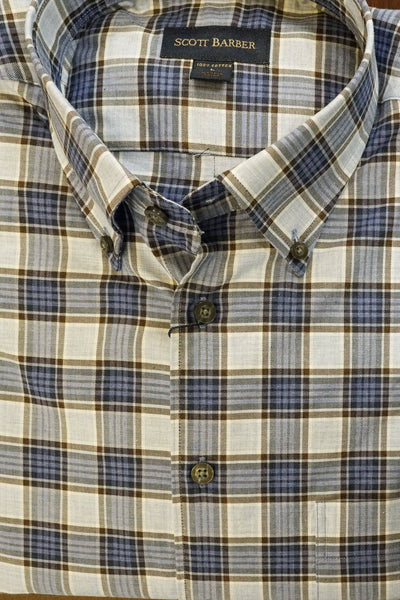 Light Blue and Medium Blue Plaid Button Down Sport Shirt by Scott Barber - Rainwater's Men's Clothing and Tuxedo Rental