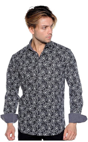 Mizumi Black & Ivory Paisley Print Sport Shirt - Rainwater's Men's Clothing and Tuxedo Rental