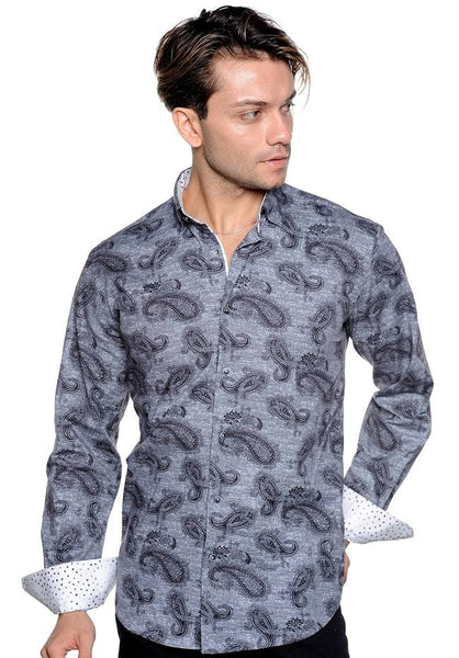 Grey With Black Paisley Sport Shirt - Rainwater's Men's Clothing and Tuxedo Rental