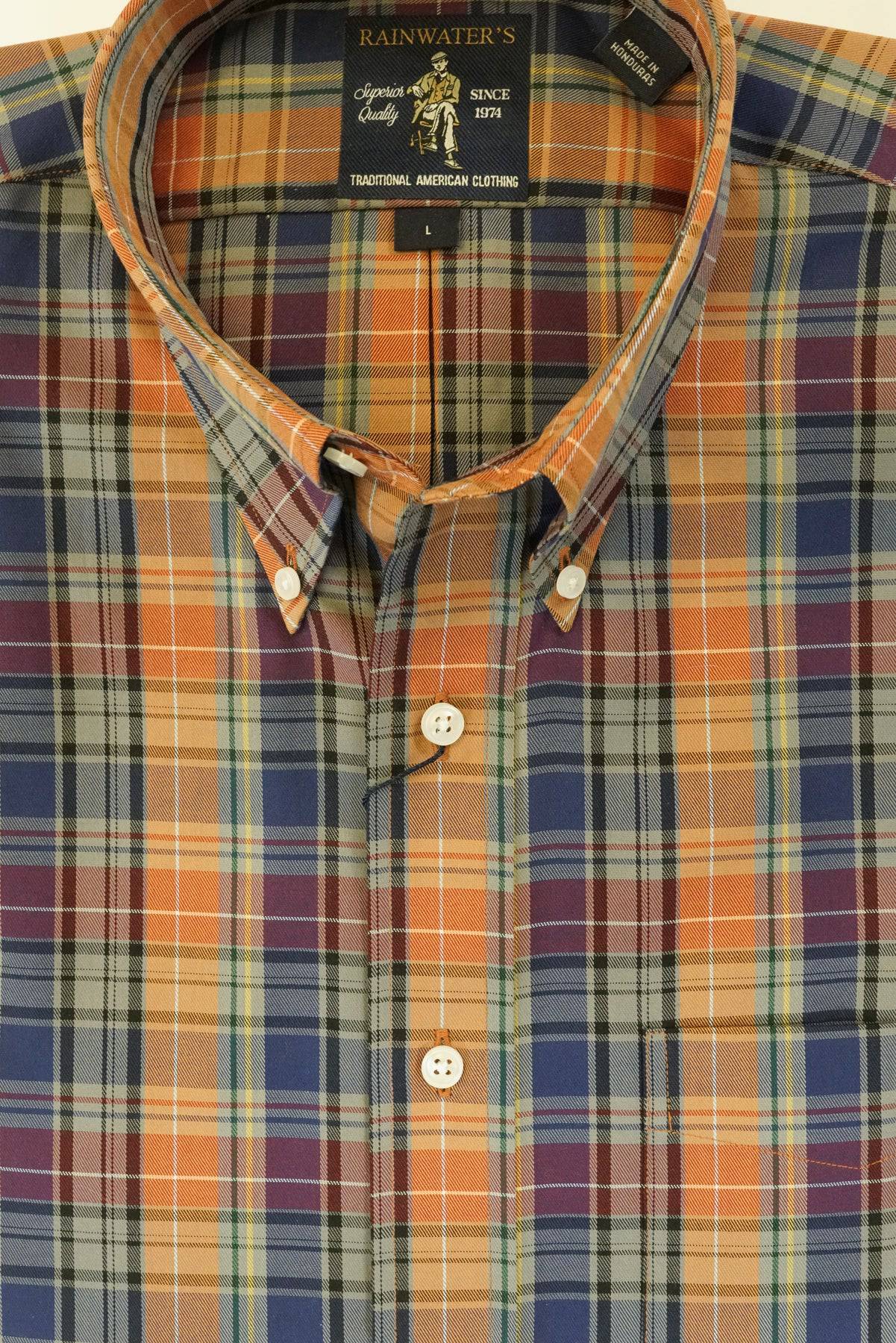 Navy & Apricot Plaid Wrinkle Free Button Down Sport Shirt by Rainwater's - Rainwater's Men's Clothing and Tuxedo Rental