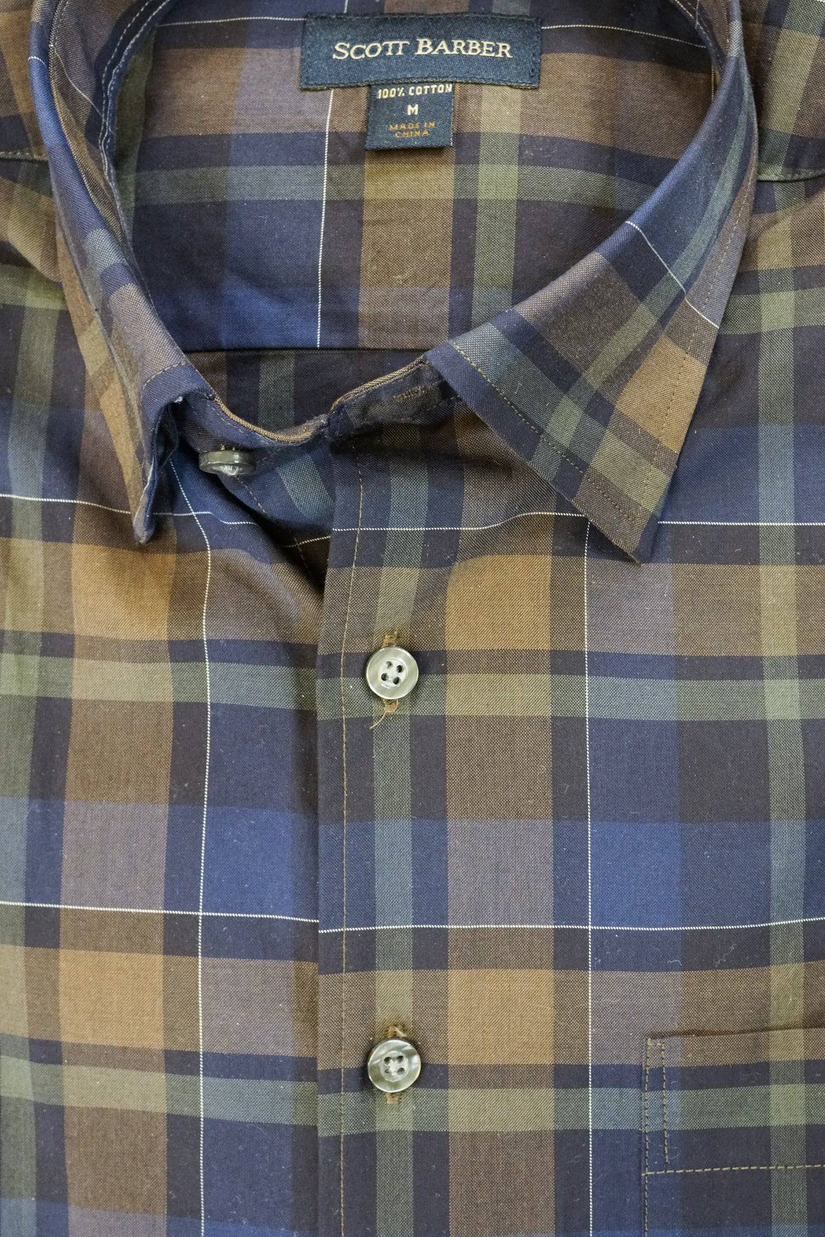Navy, Brown and Green Plaid Hidden Button Down Shirt By Scott Barber - Rainwater's Men's Clothing and Tuxedo Rental
