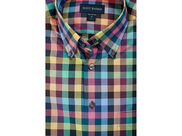 Navy, Lt Blue, Pink & Teal Exploded Check Button Down Shirt by Scott Barber - Rainwater's Men's Clothing and Tuxedo Rental