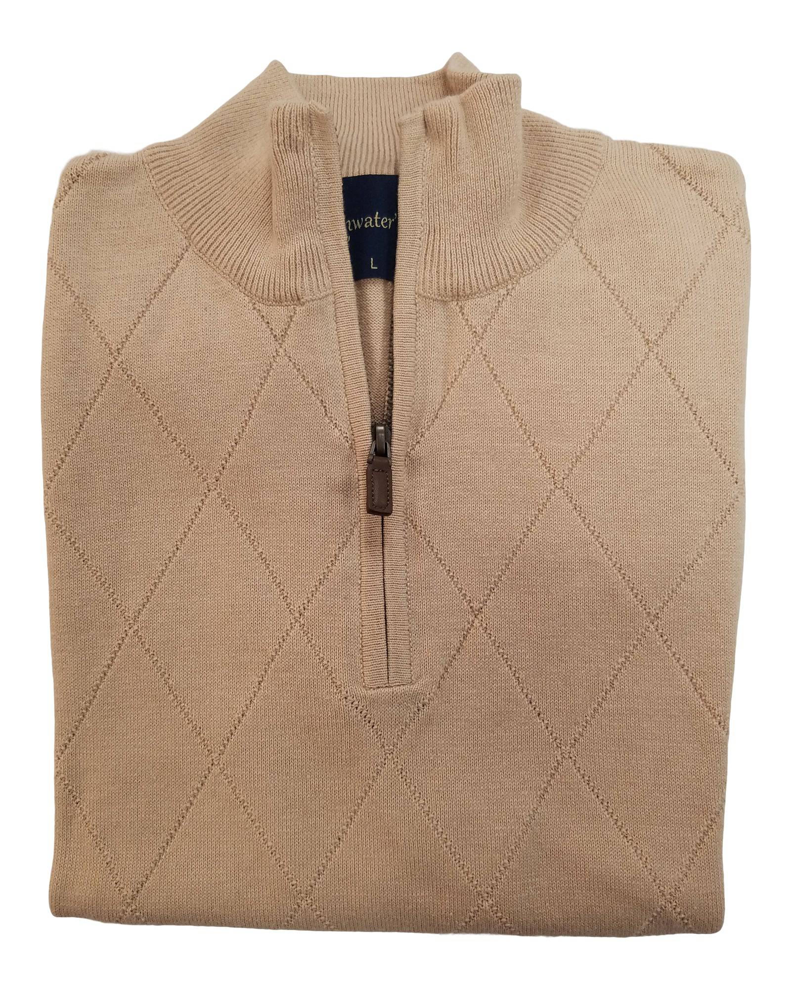 1/4 Zip Mock Sweater Vest in Beige Diamond Weave Cotton Blend - Rainwater's Men's Clothing and Tuxedo Rental