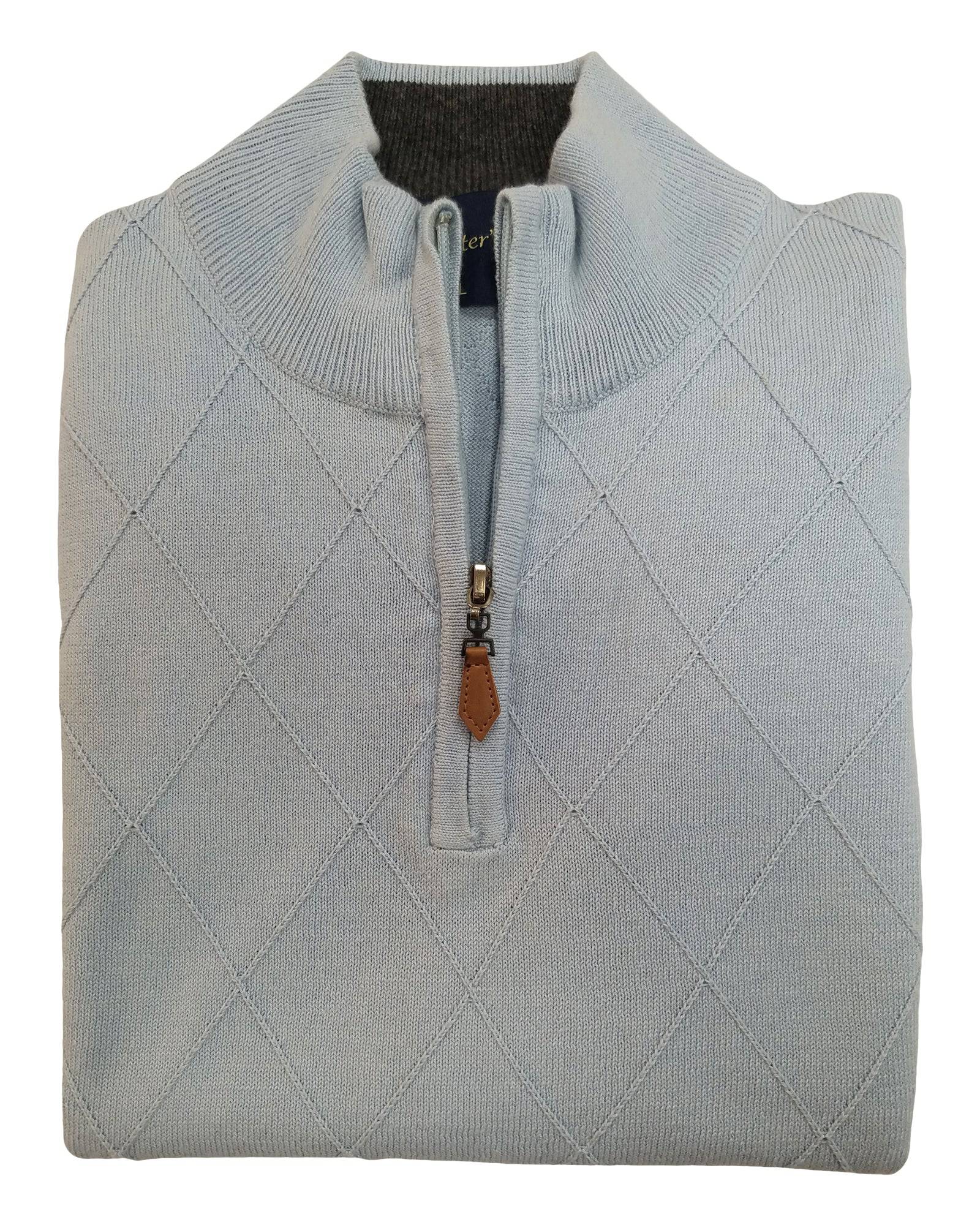 1/4 Zip Mock Sweater Vest in Light Blue Diamond Weave Cotton