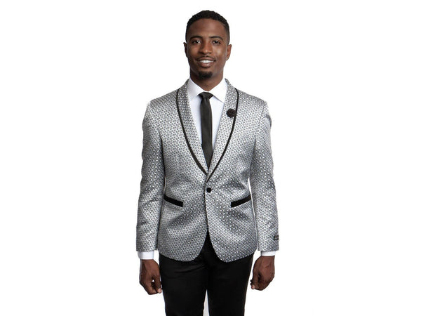 Shawl Lapel Dinner Jacket in Silver with Black Small Paisley Neat Pattern Tuxedo Rental - Rainwater's Men's Clothing and Tuxedo Rental