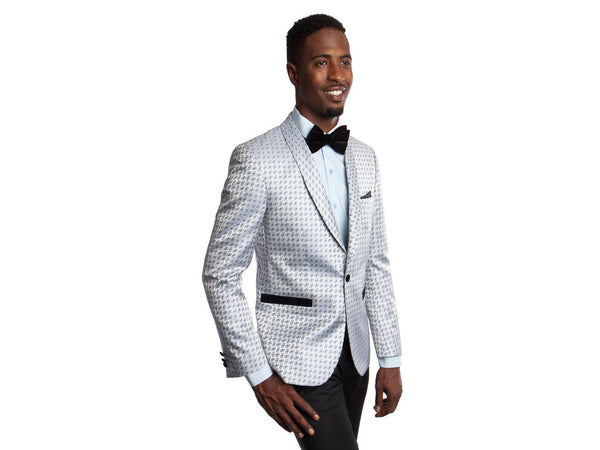 Shawl Lapel Dinner Jacket in Silver with Blue Small Paisley Neat Pattern Tuxedo Rental - Rainwater's Men's Clothing and Tuxedo Rental