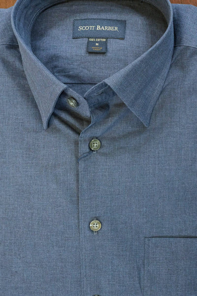 Solid Blue Cotton Melange Hidden Button Down Sport Shirt by Scott Barber - Rainwater's Men's Clothing and Tuxedo Rental