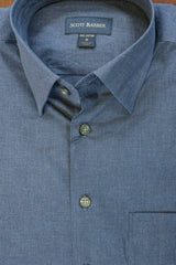Solid Blue Cotton Melange Hidden Button Down Sport Shirt by Scott Barber - Rainwater's Men's Clothing and Tuxedo Rental