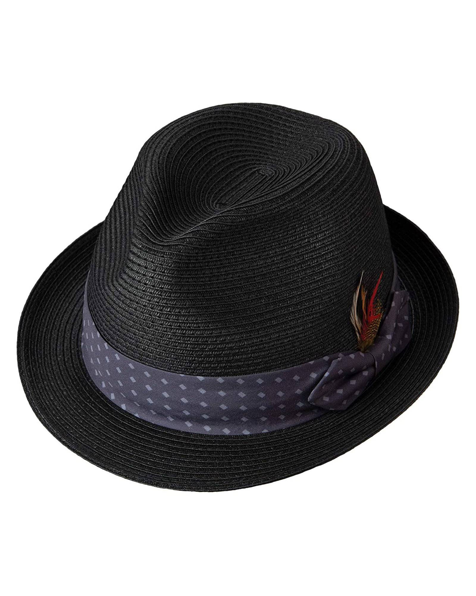 Broner Mens Connoisseur Pinch Front Straw Fedora with Contrast Color Dotted Band In Black - Rainwater's Men's Clothing and Tuxedo Rental
