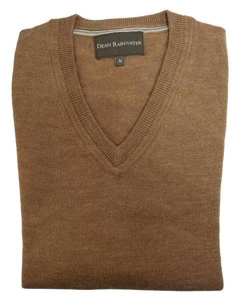 V-Neck Sweater in Camel Extra Fine Merino Wool - Rainwater's Men's Clothing and Tuxedo Rental