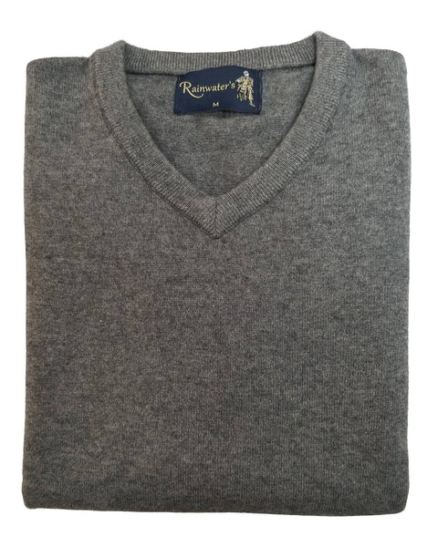V-Neck Sweater in Grey 100% Cashmere - Rainwater's Men's Clothing and Tuxedo Rental