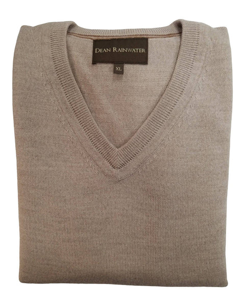 V-Neck Sweater in Oatmeal Extra Fine Merino Wool - Rainwater's Men's Clothing and Tuxedo Rental