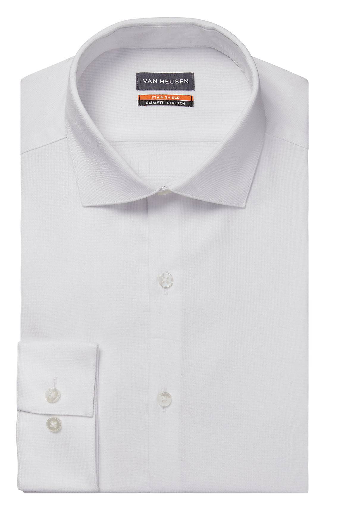 Van Heusen Slim Fit FLEX Stretch Stain Shield Wrinkle Free Texture Dress Shirt in White Van Heusen Slim Fit FLEX Stretch Stain Shield Wrinkle Free Texture Dress Shirt in White