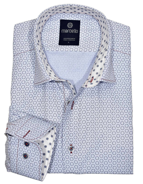 Marcello Herringbone Weave Circle Print Shirt In Light Blue - Rainwater's Men's Clothing and Tuxedo Rental