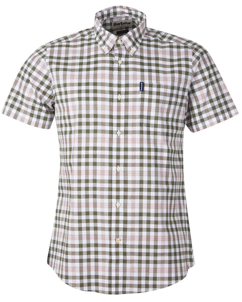 Barbour Gingham 26 Olive and White Short Sleeve Button Down Collar Tailored Fit Shirt - Rainwater's Men's Clothing and Tuxedo Rental