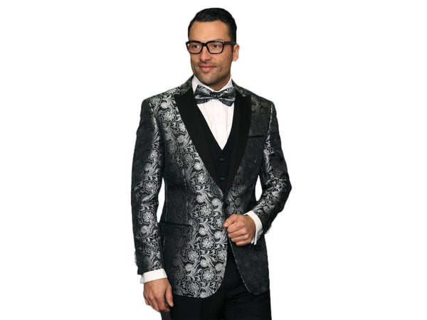 Black & Grey Paisley Dinner Jacket Tuxedo Rental - Rainwater's Men's Clothing and Tuxedo Rental