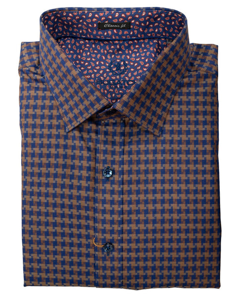 Bugatchi Brown & Navy Houndstooth Sport Shirt - Rainwater's Men's Clothing and Tuxedo Rental