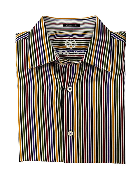 Bugatchi Camel & Burgundy Multi Stripe Spread Collar Sport Shirt - Rainwater's Men's Clothing and Tuxedo Rental