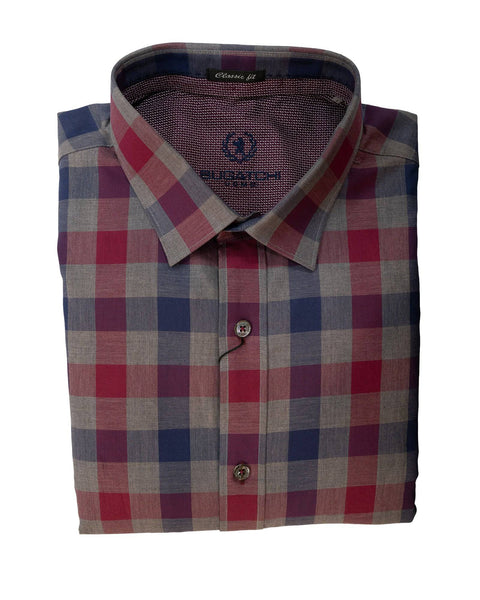 Bugatchi Grey Red & Navy Check Classic Fit Sport Shirt - Rainwater's Men's Clothing and Tuxedo Rental