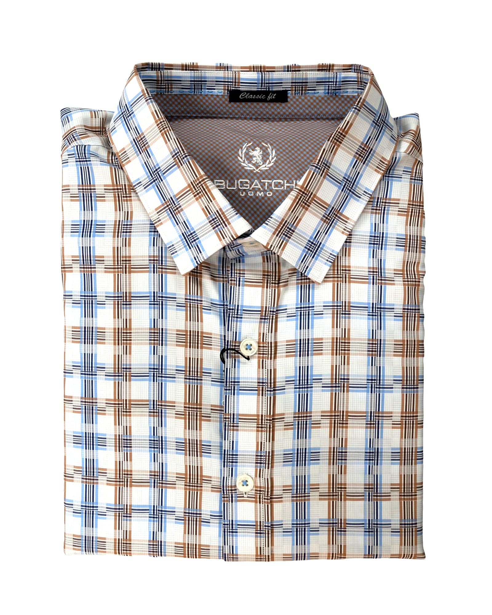 Bugatchi Sand & Blue Check Sport Shirt - Rainwater's Men's Clothing and Tuxedo Rental