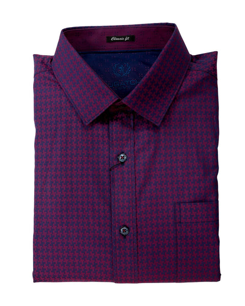 Bugatchi Plum Houndstooth Spread Collar Sport Shirt - Rainwater's Men's Clothing and Tuxedo Rental