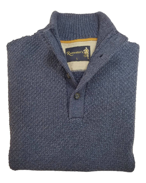 Button Mock Sweater in Denim Blue Textured Cotton Blend - Rainwater's Men's Clothing and Tuxedo Rental