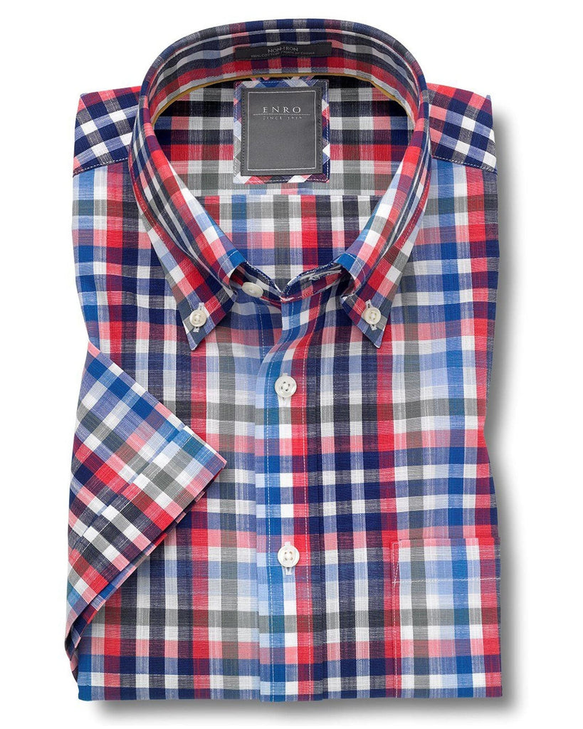 Enro Red Blue Check Short Sleeve Button Up Shirt