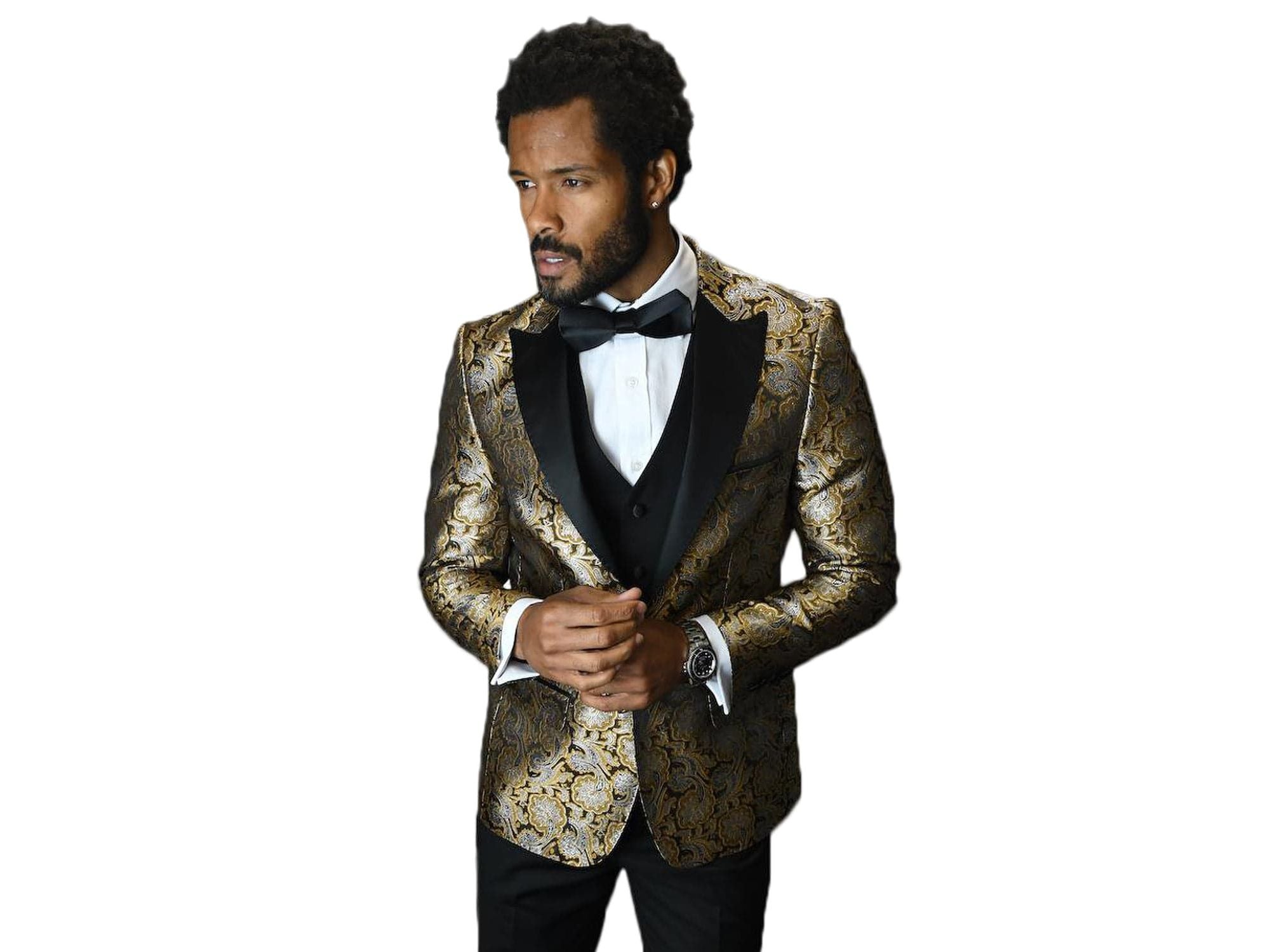 Gold Belagio Paisley Dinner Jacket with Black Lapel Tuxedo Rental Gold Belagio Paisley Peak Lapel Tuxedo Outfit with Euro Slim Black Pants Gold Belagio Paisley Dinner Jacket with Black Lapel Tuxedo Rental Gold Belagio Paisley Peak Lapel Tuxedo Outfit with Euro Slim Black Pants
