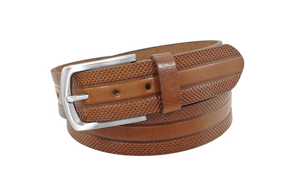 Cognac Leather Strap Belt With Embossed Design - Rainwater's Men's Clothing and Tuxedo Rental