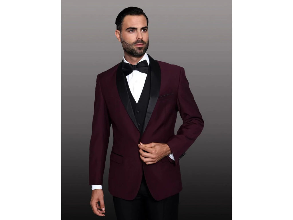 Burgundy and 2025 black tuxedo jacket