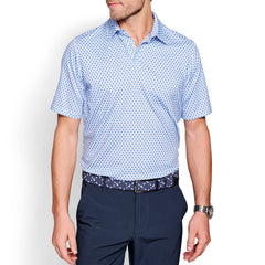 Johnston & Murphy Polo Shirt in White & Light Blue Neat Pattern - Rainwater's Men's Clothing and Tuxedo Rental