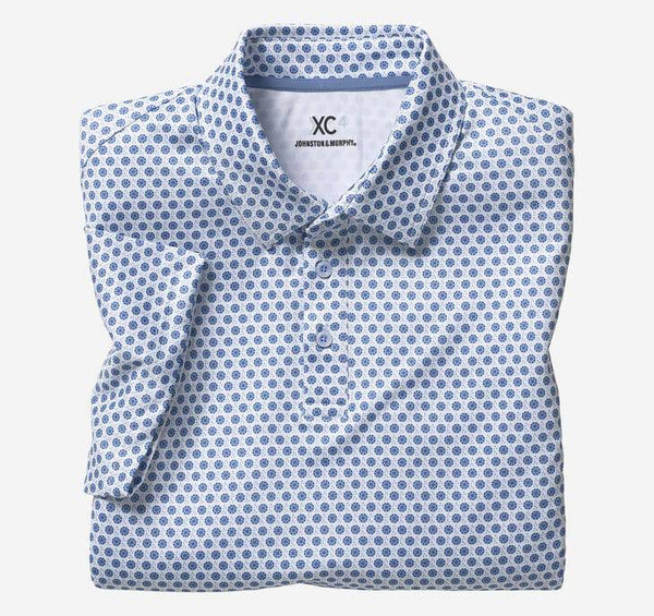 Johnston & Murphy Polo Shirt in White & Light Blue Neat Pattern - Rainwater's Men's Clothing and Tuxedo Rental