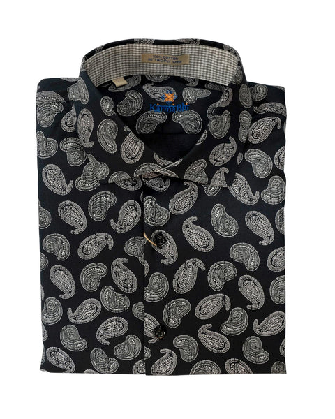 Karma Blu Black Paisley Print Spread Collar Sport Shirt - Rainwater's Men's Clothing and Tuxedo Rental