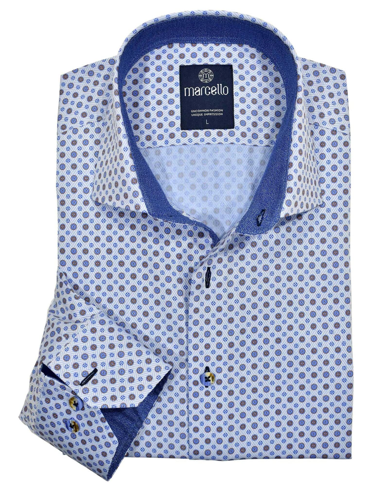 Marcello Light Blue Herringbone Weave In Medallion Print Shirt - Rainwater's Men's Clothing and Tuxedo Rental