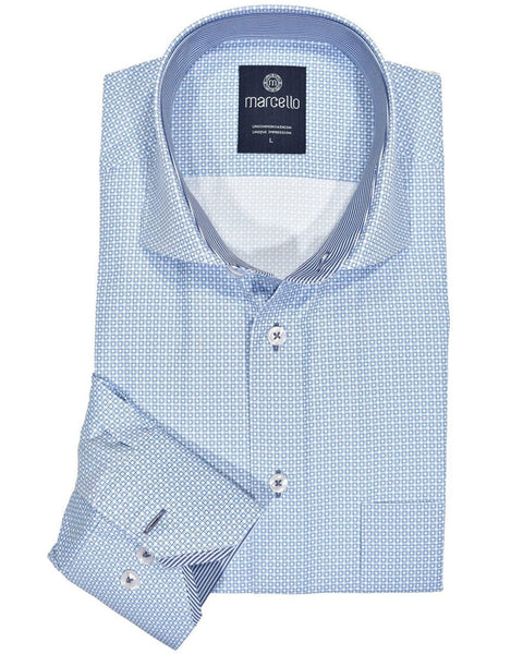 Marcello Easy Care Cotton In Classic Mini Check Shirt In Light Blue - Rainwater's Men's Clothing and Tuxedo Rental