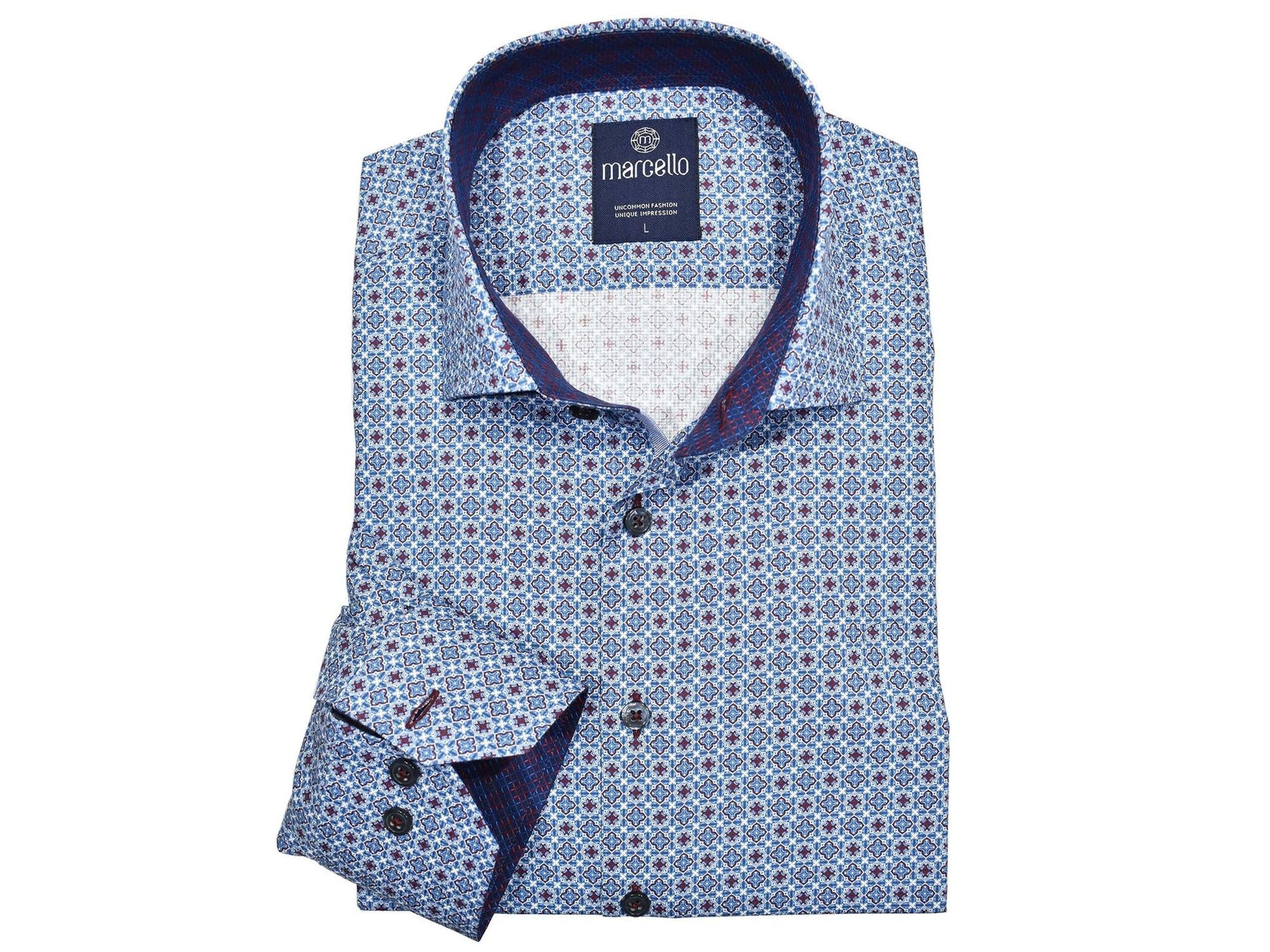 Marcello Sky Blue With Burgundy Medallion Shirt - Rainwater's Men's Clothing and Tuxedo Rental