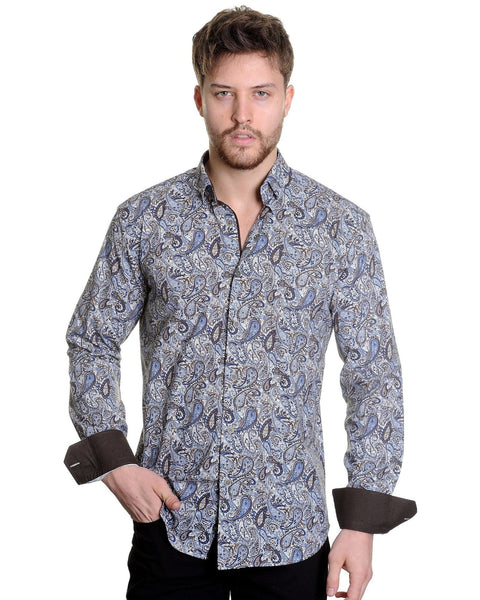 Mizumi Print Long Sleeve Hidden Button Down in Blue and Beige Paisley - Rainwater's Men's Clothing and Tuxedo Rental