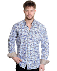 Mizumi Print Long Sleeve Hidden Button Down in Blue and Tan Plaid with Paisley - Rainwater's Men's Clothing and Tuxedo Rental