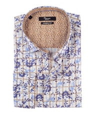 Mizumi Print Long Sleeve Hidden Button Down in Blue and Tan Plaid with Paisley - Rainwater's Men's Clothing and Tuxedo Rental